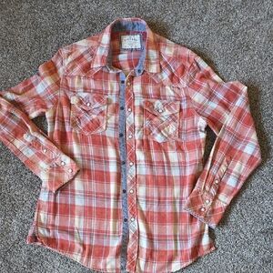 BKE Plaid Button-Down Shirt in Coral, White, Tan